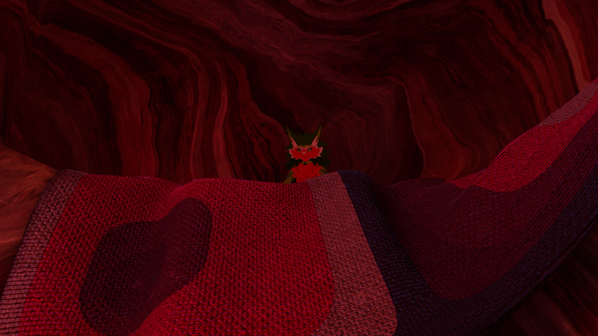 A mystical character standing on a fabric landscape with the atmosphere being red