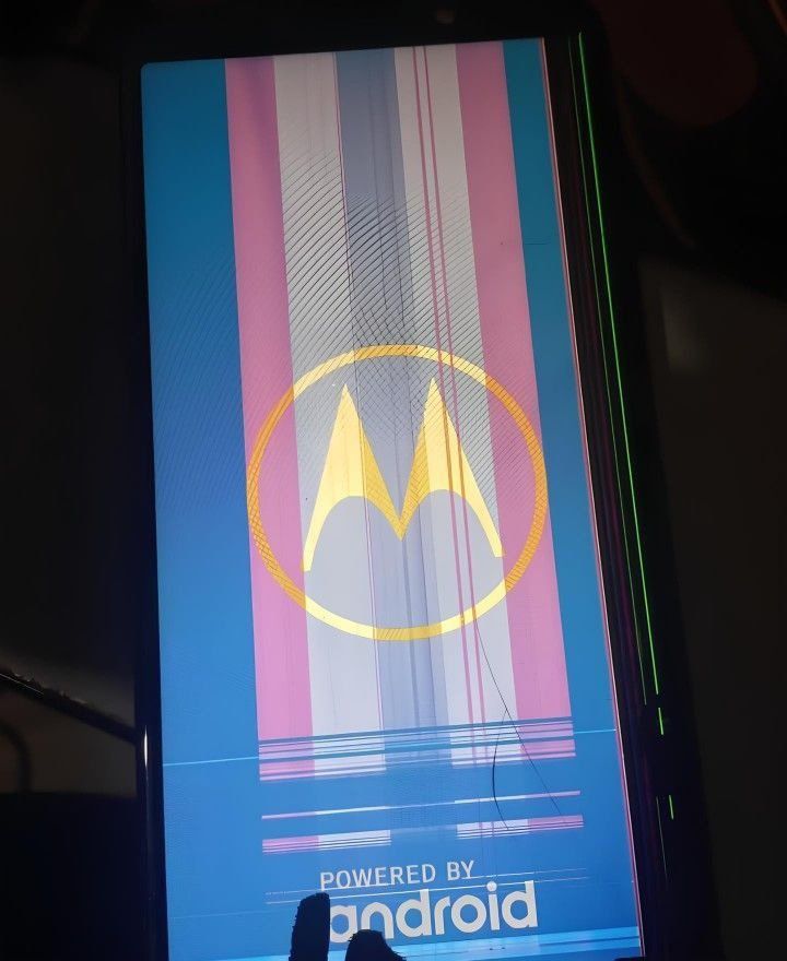 A Motorola phone that's booting with a broken screen, while the screen has an artifact that looks like the transgender flag