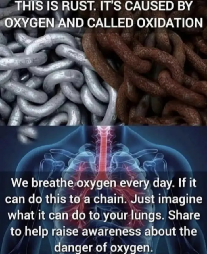 First panel showing an iron chain with one side being pristine and the other sidebeing rusted ("THIS IS RUST. IT'S CAUSED BY OXYGEN AND CALLED OXIDATION"), the second panel has a visualization of the human lung ("We breathe oxygen every day. If it can do this to a chain. Just imagine what it can do to your lungs. Share to help raise awareness about the danger of oxygen.")