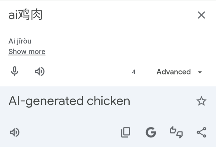Google Translate showing Chinese translation of “ai鸡肉“ with the Advanced model as “AI-generated chicken” in English