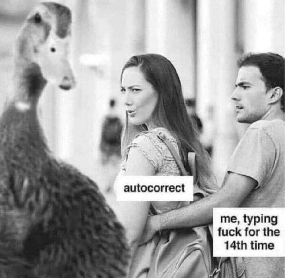 Distracted girlfriend meme with the girlfriend being "autocorrect", the boyfriend being "me, typing fuck for the 14th time", while the 'boyfriend' whom the girlfriend is being distracted with is a literal duck
