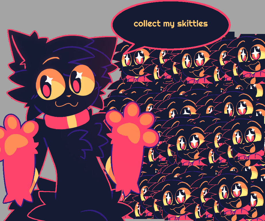 Skitty saying “collect my skittles” with a bunch of skitty cats in the background scattered like Skittles