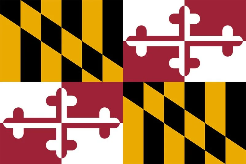 Maryland flag with a color scheme of orange, black, red, and white; each opposite corners with different motifs