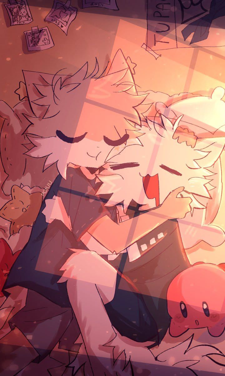 Two furry characters cuddling while lying down with the sunlight casting over them from the window