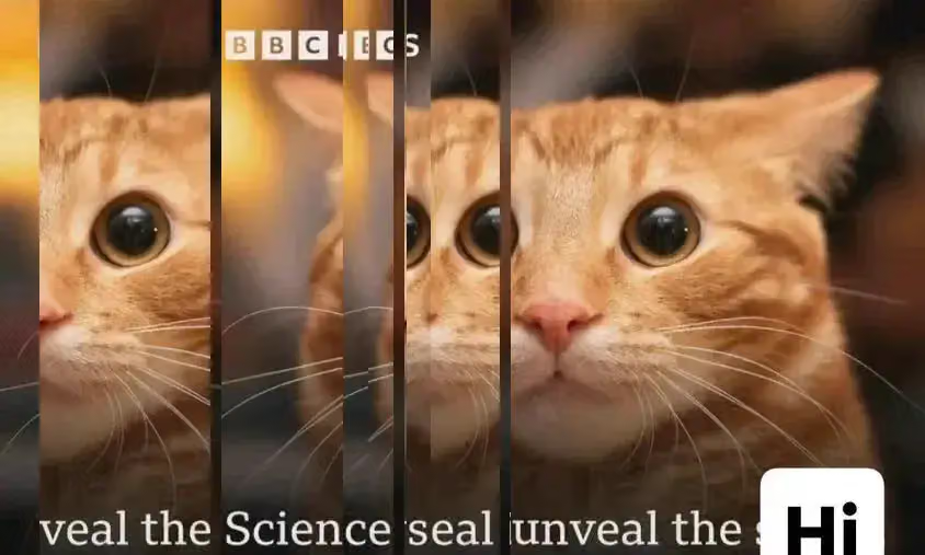 The BBC News meme showing the orange cat with a shocked face except the meme has been duplicated to arrange: veal the Science seal unveal the [Hi]