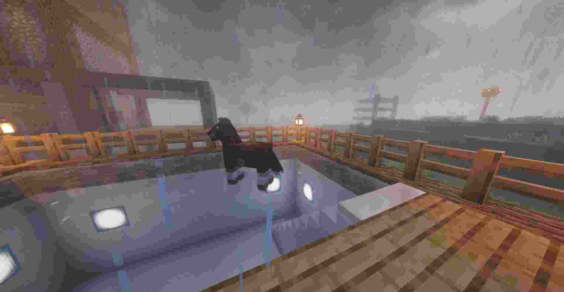 A horse standing on water in a swimming pool while it's raining in Minecraft