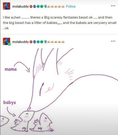 Tumblr posts from molabuddy: i like when ........ theres a Big scaresy fantasies beast ok .... and then the big beast has a litter of babies..., and the babeis are veryvery small . ok

Below the post, there is a drawing of a mama dragon looking over her baby dragons.