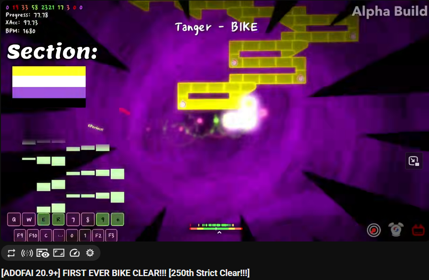 Screenshot of a YouTube video “[ADOFAI 20.9+] FIRST EVER BIKE CLEAR!!! [250th Strict Clear!!!]” with the map in the video being in the non-binary flag color scheme