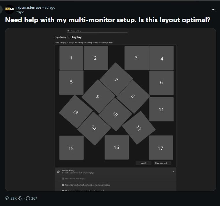 Reddit post by ffspc: Need help with my multi-monitor setup. Is this layout optimal?

The attached image shows a square with square monitors but only goes up to 17 monitors, and the monitors in the center are placed diagonally in an awkward way.